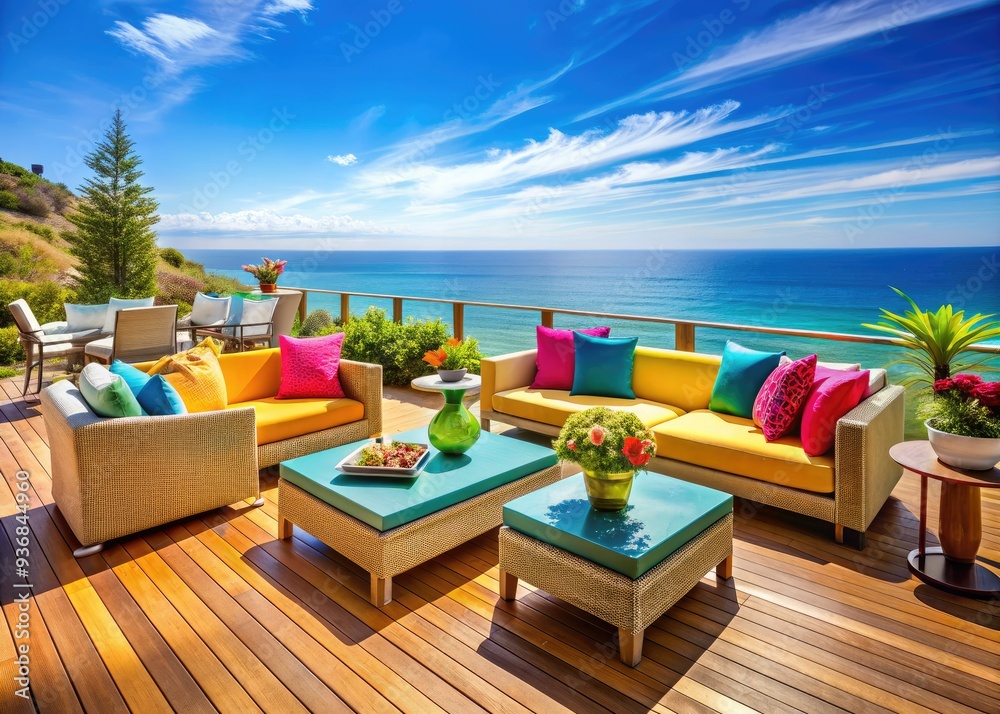 Fototapeta premium Vibrant patio deck with stylish outdoor furniture, colorful decor, and stunning ocean views, set against a brilliant blue sky with warm sunshine and gentle breeze.