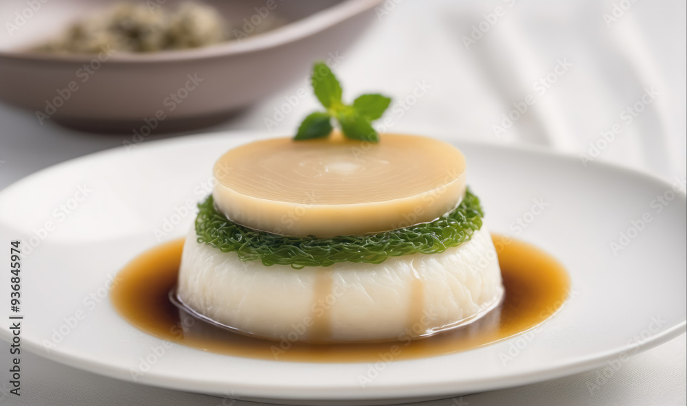 A creamy white pudding with a layer of green seaweed and a golden top is sitting on a white plate with a dark brown sauce A creamy white pudding with a layer of green seaweed and a golden top is sitting on a white plate with a dark brown sauce