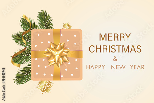 Bright realistic design of Christmas card with gift and fir branches.