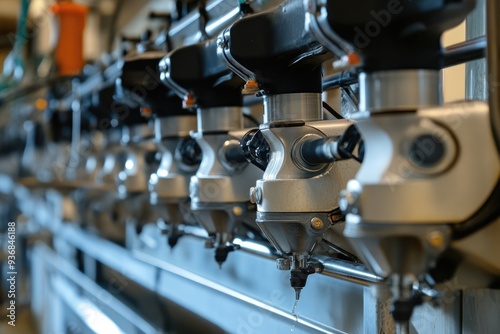 A row of industrial machinery with a single nozzle dripping water.