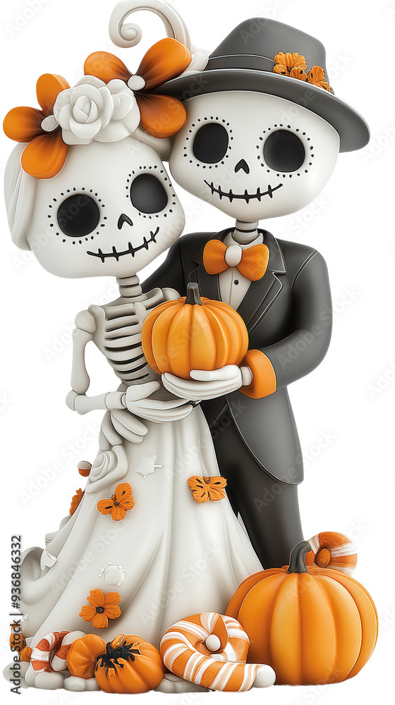 Fototapeta premium halloween pumpkin with day of the dead bride and groom, , isolated transparent png background