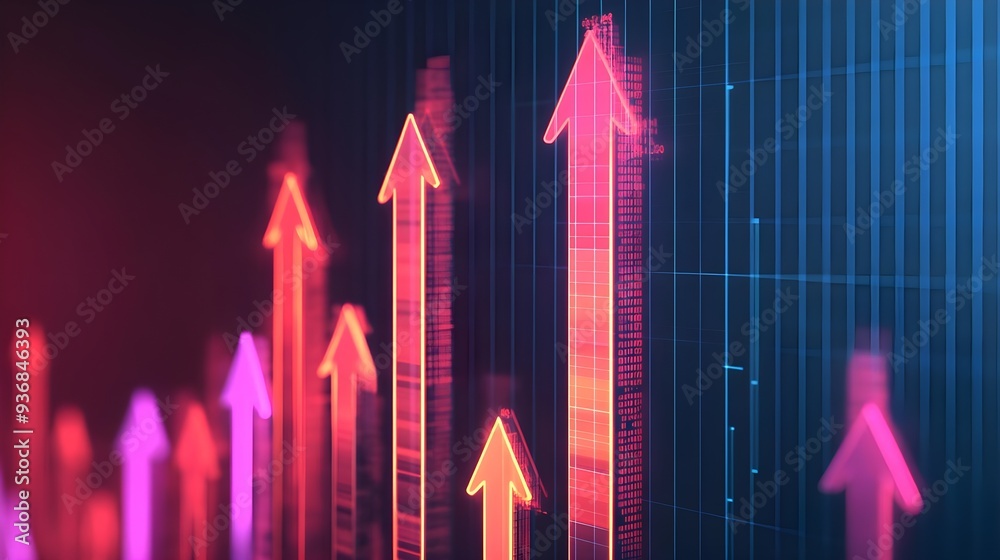 Fototapeta premium Red Neon Arrows Upward on Blue Background, Growth Concept