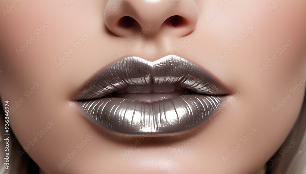 Close-up of a woman's lips with metallic silver lipstick, showing a dramatic and glamorous makeup style Close-up of a woman's lips with metallic silver lipstick, showing a dramatic and glamorous makeup style