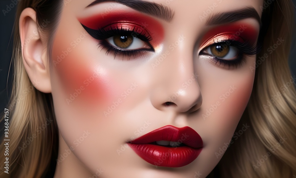 A close-up portrait of a woman with dramatic red eye makeup, bold eyeliner , and elegant red lips. A close-up portrait of a woman with dramatic red eye makeup, bold eyeliner , and elegant red lips.