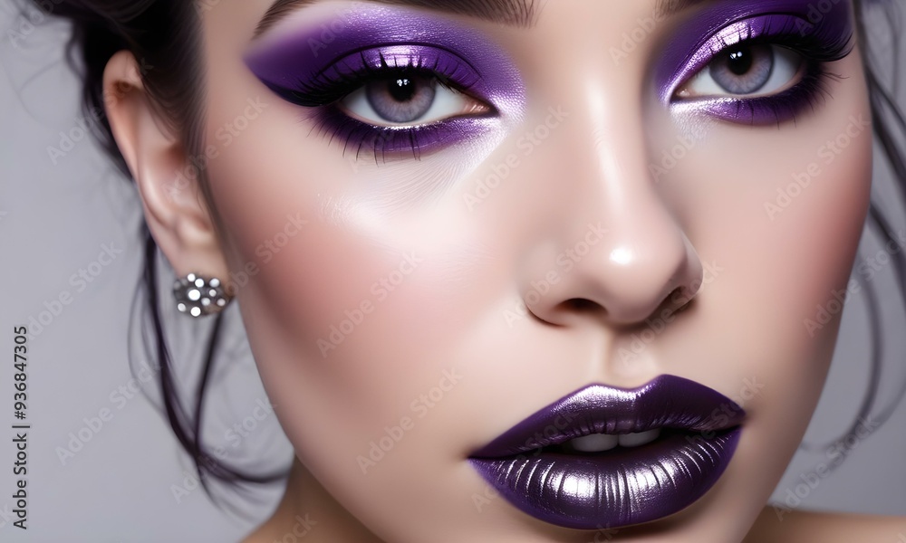 A close-up portrait of a woman with vibrant purple makeup on her eyes and lips , including bold eyeliner , eyeshadow and lipstick. A close-up portrait of a woman with vibrant purple makeup on her eyes and lips , including bold eyeliner , eyeshadow and lipstick.