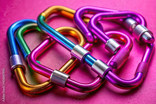 Vibrant pink background highlights durable metal carabiners, essential safety equipment for climbing, camping, and adventure activities, showcasing strength, security