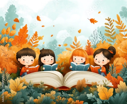 Illustration of Children Reading on a Giant Book in a Forest Setting