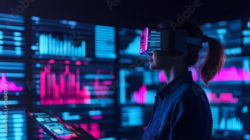 Woman Using VR Headset with Futuristic Data Display