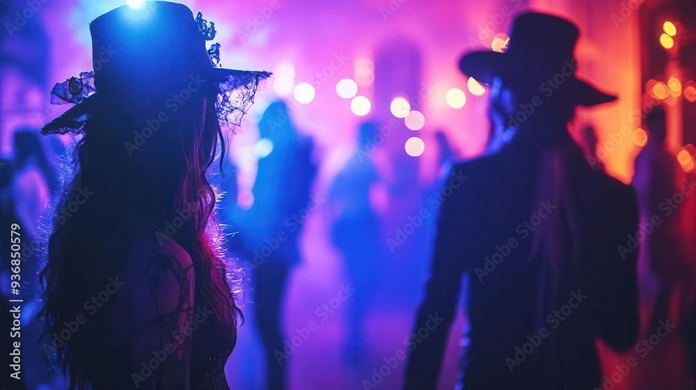Halloween party with guests in spooky costumes, dancing under eerie lights, Festive, Cool Tones, High Energy Halloween party with guests in spooky costumes, dancing under eerie lights, Festive, Cool Tones, High Energy