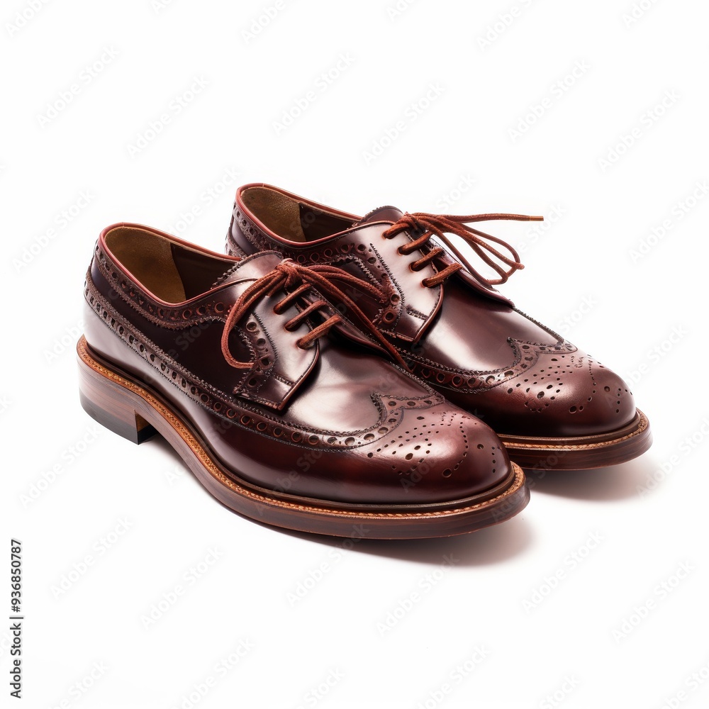 Elegant Pair of Brown Leather Brogue Shoes on White Background, Perfect for Fashion and Business Use. Elegant Pair of Brown Leather Brogue Shoes on White Background, Perfect for Fashion and Business Use.