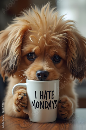 An adorable small dog with shaggy fur holds a coffee cup labeled 