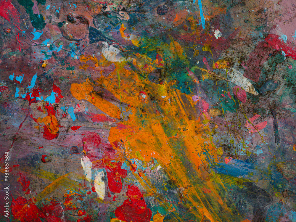 Paint smeared on the table has colorful patterns.
Paint smeared on the table has colorful patterns.