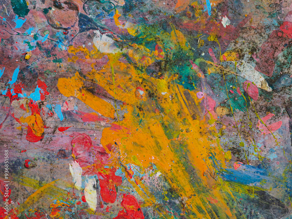 Paint smeared on the table has colorful patterns.
Paint smeared on the table has colorful patterns.
