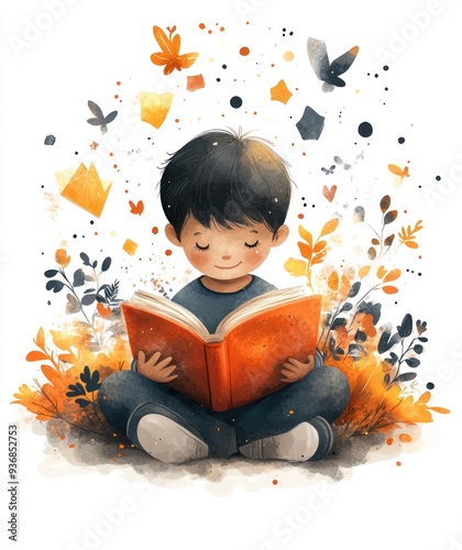 Cute Illustration of a Boy Reading a Book in a Garden Setting with Watercolor Background photo