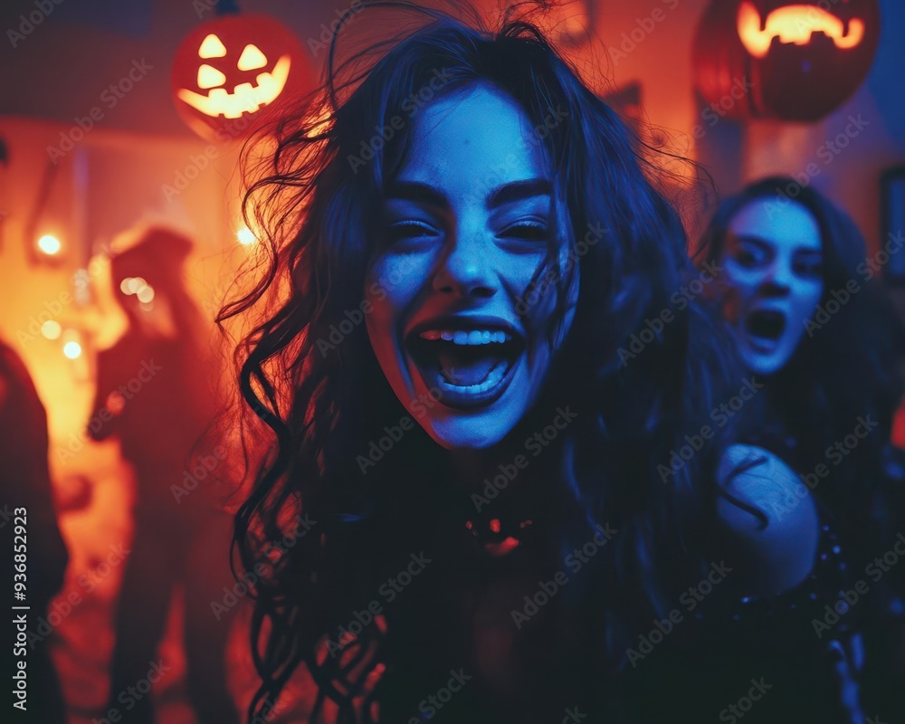 Scary pranks being played at a Halloween party, with guests jumping in fright, Creepy, Warm Glow, High Energy