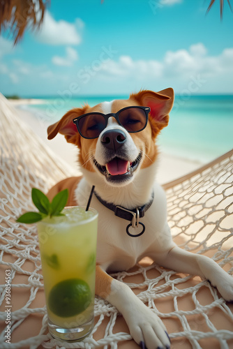 A joyful dog at the beach sipping a tropical drink, radiating vacation vibes. Perfect for travel, summer, or pet relaxation-themed content.
