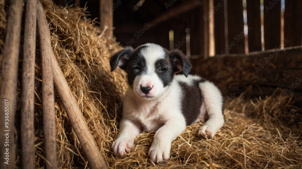 Puppy Resting on Hay in Rustic Barn Setting Puppy Resting on Hay in Rustic Barn Setting