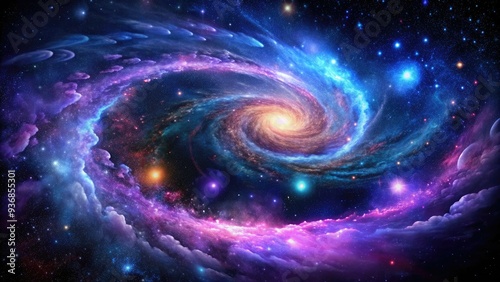 Vibrant purple and blue galaxy swirls amidst twinkling stars, nebulas, and cosmic dust, set against a deep black background of infinite space and mystery.