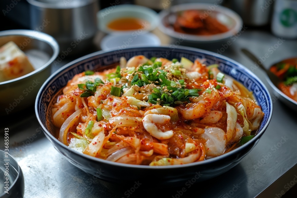 Kimchi, A traditional fermented vegetable dish, typically made with napa cabbage and Korean radishes, seasoned with chili powder, garlic, ginger, and salted seafood. Kimchi, A traditional fermented vegetable dish, typically made with napa cabbage and Korean radishes, seasoned with chili powder, garlic, ginger, and salted seafood.