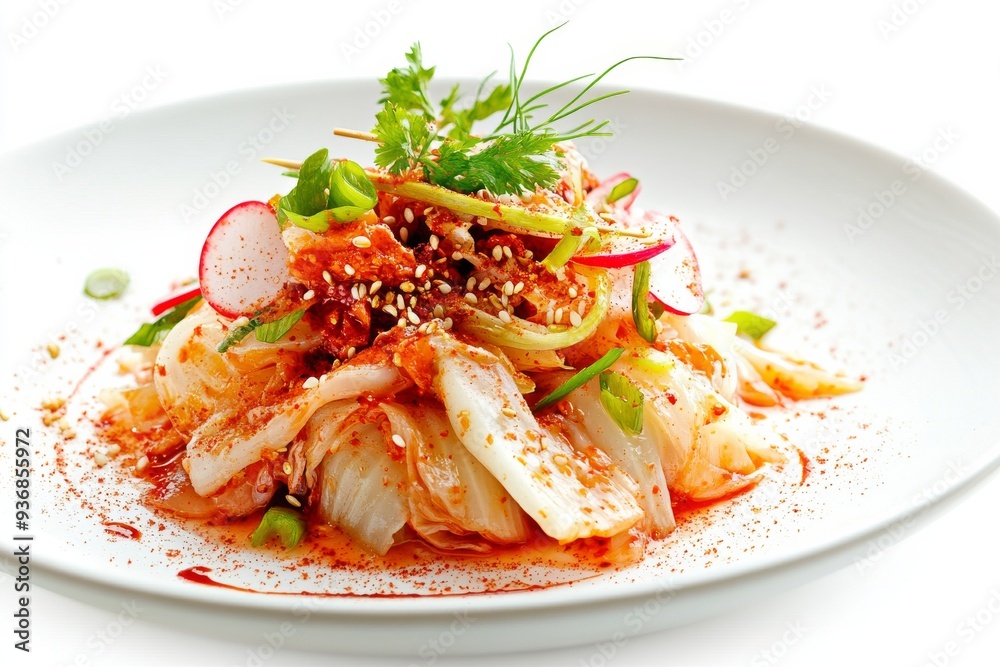 Kimchi, A traditional fermented vegetable dish, typically made with napa cabbage and Korean radishes, seasoned with chili powder, garlic, ginger, and salted seafood. isolated on white background