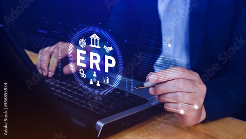 ERP Concept, Enterprise resource planning concept, analyzing ERP system on virtual screen, Connections between business intelligence, HR and CRM modules. photo