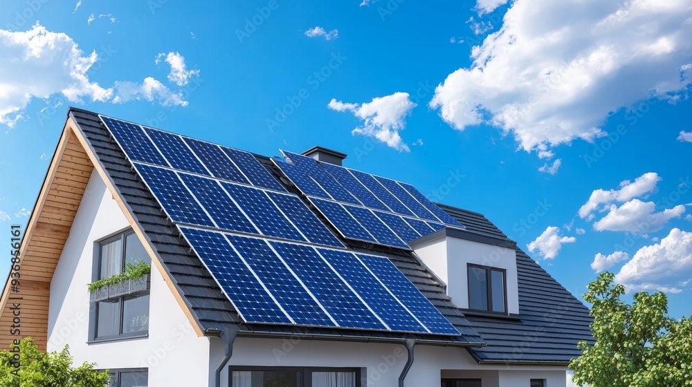 House with solar panels on roof under bright blue sky. Symbolizing renewable energy and sustainable living House with solar panels on roof under bright blue sky. Symbolizing renewable energy and sustainable living