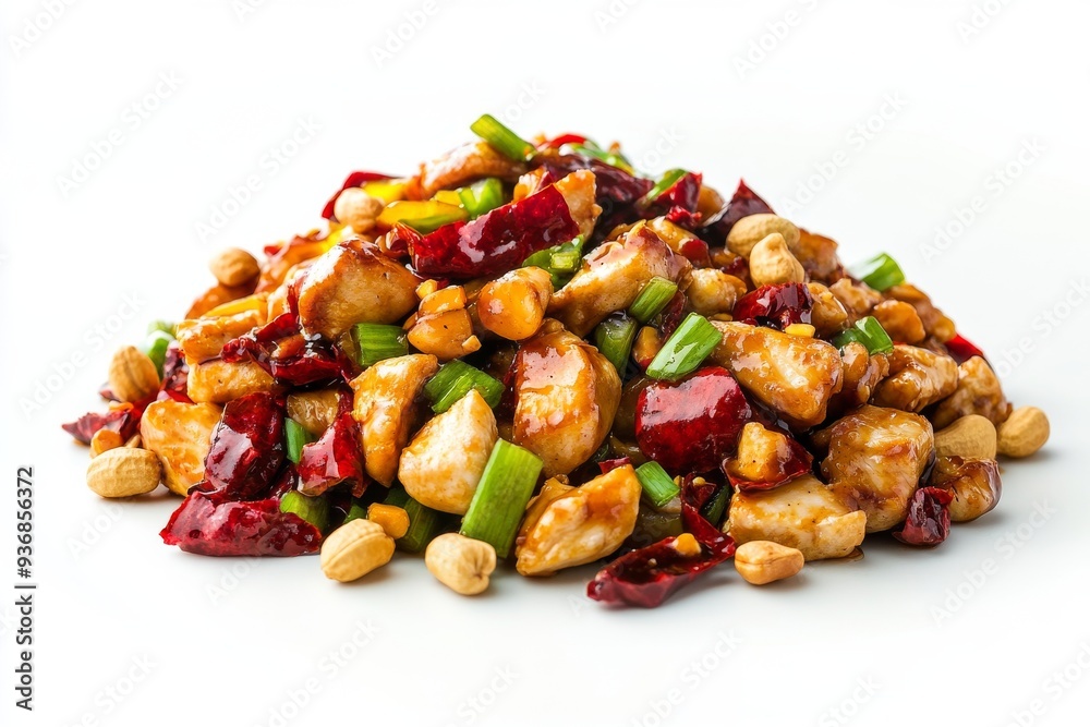 Kung Pao Chicken, A spicy, stir-fried chicken dish made with peanuts, vegetables, and chili peppers. isolated on white background Kung Pao Chicken, A spicy, stir-fried chicken dish made with peanuts, vegetables, and chili peppers. isolated on white background