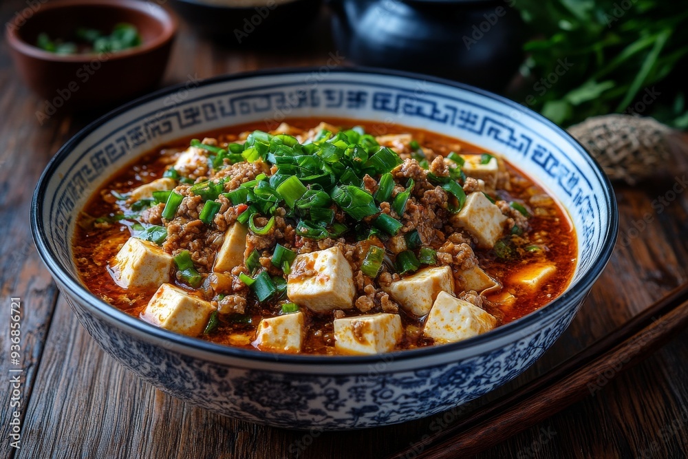 Mapo Tofu, A Sichuan dish made with tofu set in a spicy chili and bean paste sauce, typically containing minced meat. Mapo Tofu, A Sichuan dish made with tofu set in a spicy chili and bean paste sauce, typically containing minced meat.