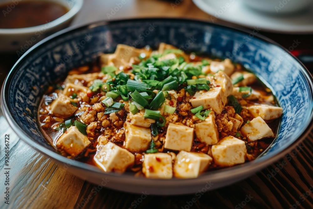 Mapo Tofu, A Sichuan dish made with tofu set in a spicy chili and bean paste sauce, typically containing minced meat. Mapo Tofu, A Sichuan dish made with tofu set in a spicy chili and bean paste sauce, typically containing minced meat.