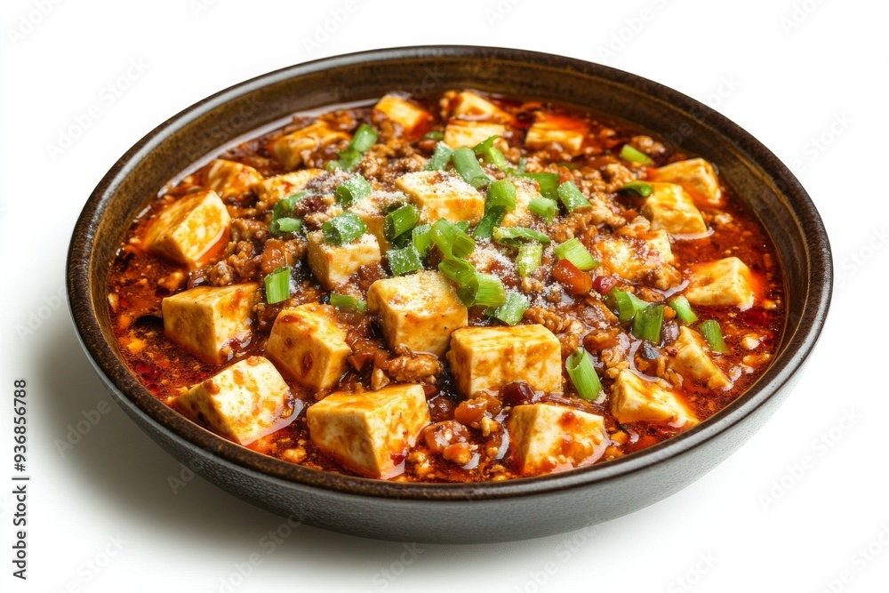 Mapo Tofu, A Sichuan dish made with tofu set in a spicy chili and bean paste sauce, typically containing minced meat. Isolated on White Background Mapo Tofu, A Sichuan dish made with tofu set in a spicy chili and bean paste sauce, typically containing minced meat. Isolated on White Background