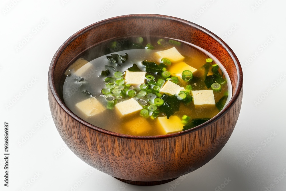 Miso Soup, A traditional Japanese soup consisting of a dashi stock into which softened miso paste is mixed, typically served with tofu, seaweed, and green onions. Isolated on White Background Miso Soup, A traditional Japanese soup consisting of a dashi stock into which softened miso paste is mixed, typically served with tofu, seaweed, and green onions. Isolated on White Background