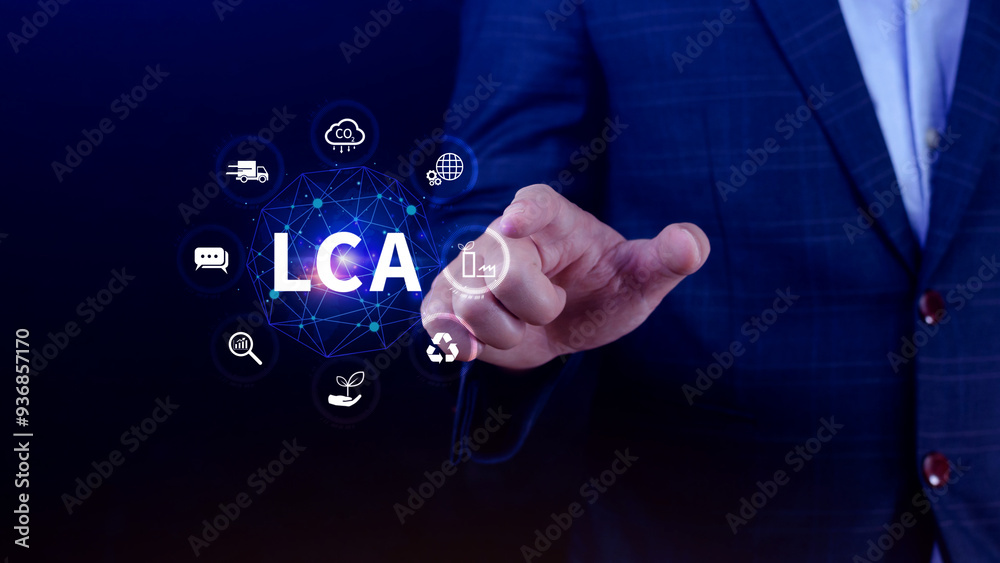 Obraz premium LCA, Life cycle assessment concept, ISO LCA standard aims to limit climate change, Methodology for assessing environmental impacts associated on value chain product.