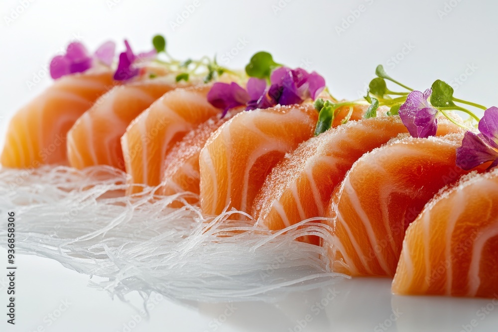 Sashimi, Thinly sliced raw fish or seafood, served without rice but often accompanied by soy sauce, wasabi, and pickled ginger. Isolated on White Background Sashimi, Thinly sliced raw fish or seafood, served without rice but often accompanied by soy sauce, wasabi, and pickled ginger. Isolated on White Background