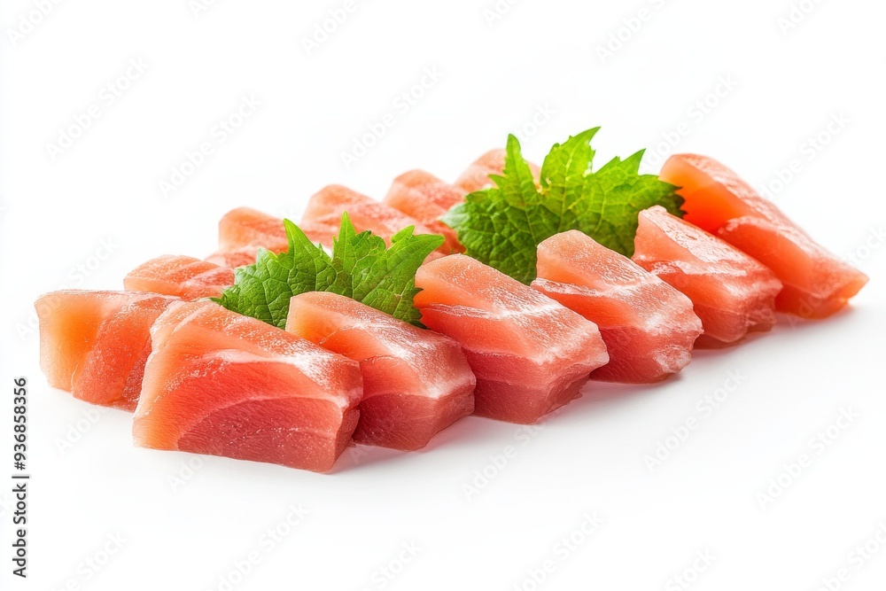 Sashimi, Thinly sliced raw fish or seafood, served without rice but often accompanied by soy sauce, wasabi, and pickled ginger. isolated on white background Sashimi, Thinly sliced raw fish or seafood, served without rice but often accompanied by soy sauce, wasabi, and pickled ginger. isolated on white background