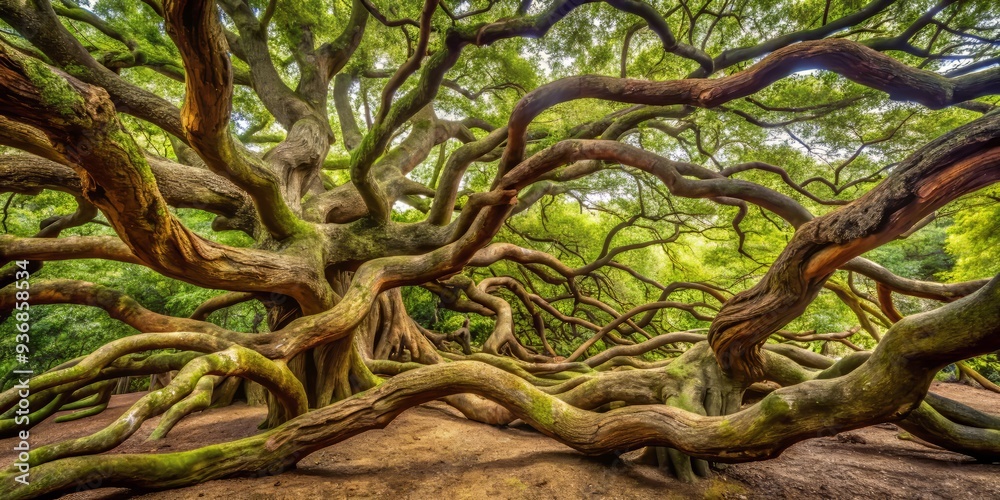 Fototapeta premium Twisted tree branches stretch towards the sky, their gnarled and knotted limbs twisted into impossible shapes, a testament to nature's remarkable perseverance.