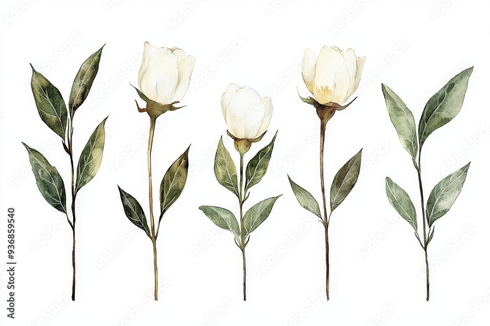 Obraz premium Watercolor Illustration of White Flowers with Green Leaves
