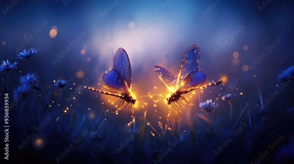 Two glowing butterflies with intricate wings in a field of flowers at night. Two glowing butterflies with intricate wings in a field of flowers at night.