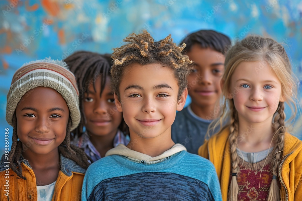 Obraz premium A cheerful group of five children, representing diverse backgrounds, pose together in front of a vibrant mural, showcasing innocence and joy.