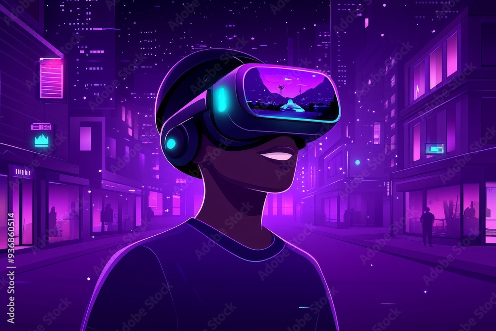 A vibrant and futuristic digital illustration of a person in a VR headset exploring a neon lit city at night capturing the energy and excitement of advanced technology in an urban setting