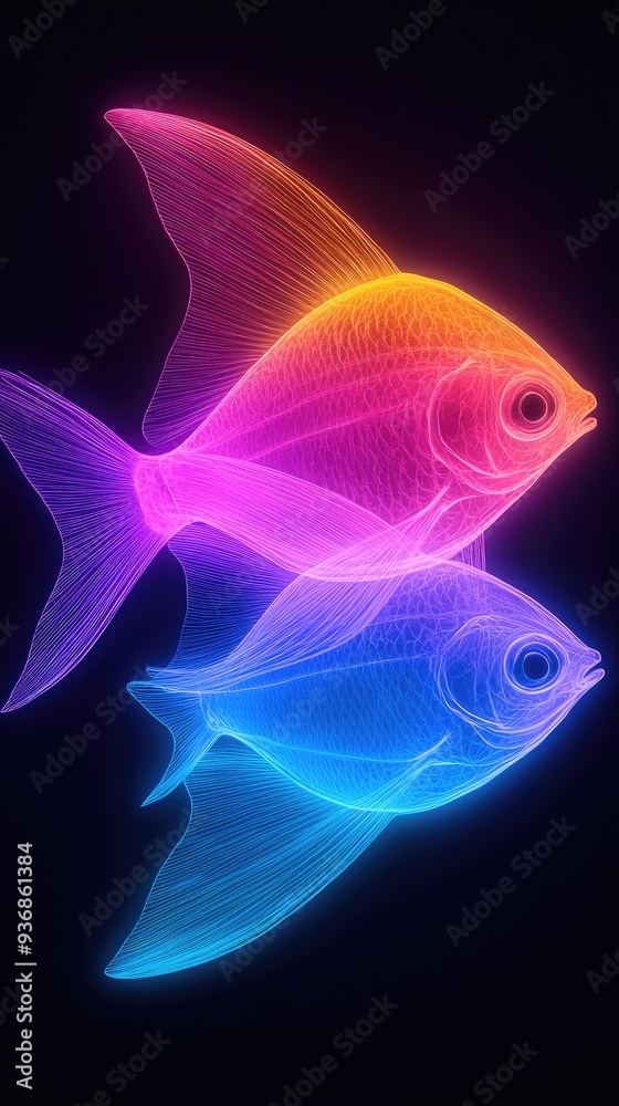 Fototapeta premium Two neon fish with glowing lines, swimming in dark background.