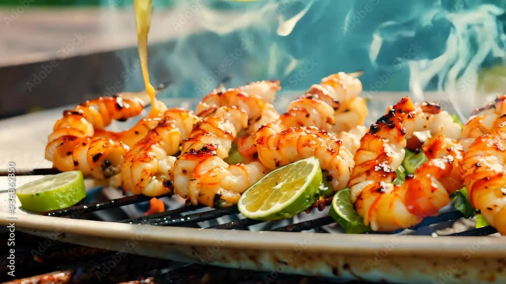 Grilling succulent shrimp with fresh lime on a sunny day at the backyard barbecue Grilling succulent shrimp with fresh lime on a sunny day at the backyard barbecue