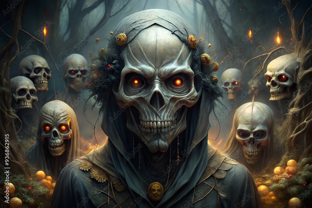 Skeleton with Glowing Eyes in a Dark Forest Surrounded by Skulls Skeleton with Glowing Eyes in a Dark Forest Surrounded by Skulls
