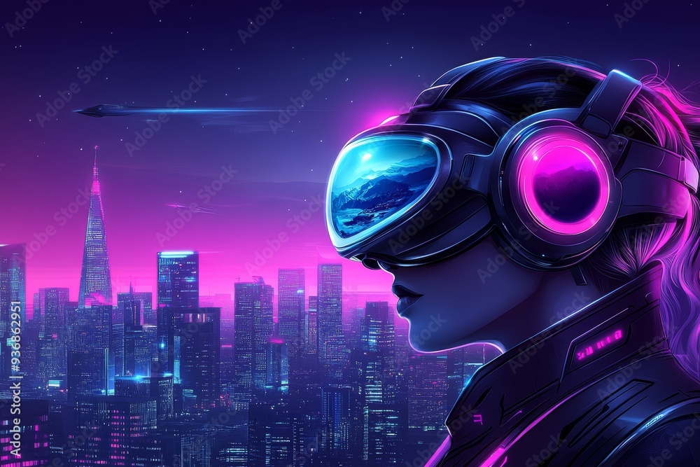 A vibrant and futuristic digital illustration of a person in a VR headset with neon lights and a glowing cityscape capturing the energy and excitement of virtual urban exploration A vibrant and futuristic digital illustration of a person in a VR headset with neon lights and a glowing cityscape capturing the energy and excitement of virtual urban exploration