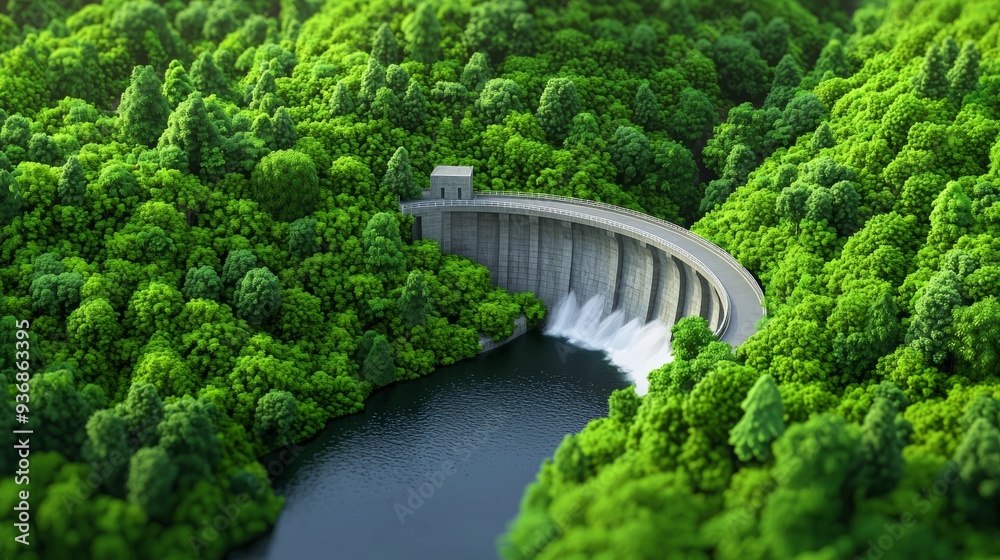 Aerial view of a dam surrounded by lush green forests and a river, symbolizing nature and renewable energy Aerial view of a dam surrounded by lush green forests and a river, symbolizing nature and renewable energy