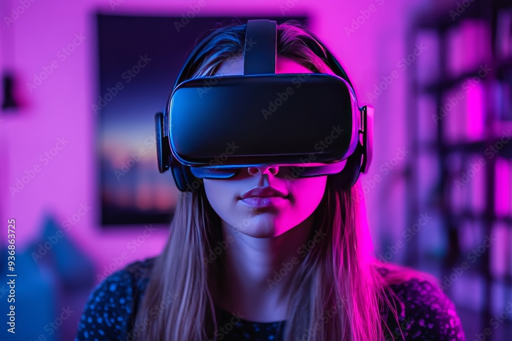 A vibrant digital portrait of a woman in a VR headset bathed in neon pink and purple lights symbolizing the immersive experience of modern virtual reality in a futuristic indoor setting
