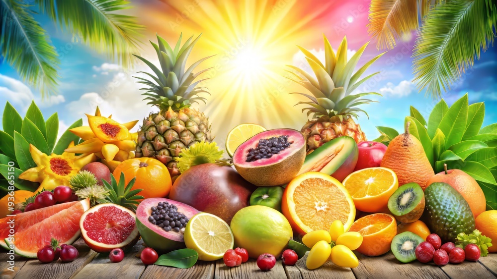 Vibrant hues of exotic fruits radiate warmth, surrounded by lush greenery, as the sun's bright rays bring to life a tropical oasis of pure delight. Vibrant hues of exotic fruits radiate warmth, surrounded by lush greenery, as the sun's bright rays bring to life a tropical oasis of pure delight.