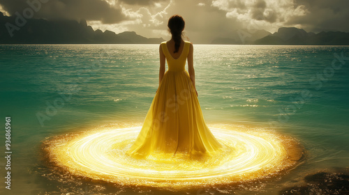 Golden Glow: A solitary woman in a flowing yellow gown stands at the center of a luminous circle on a tranquil lake, bathed in the ethereal glow of a setting sun. The scene evokes a sense of mystery, 