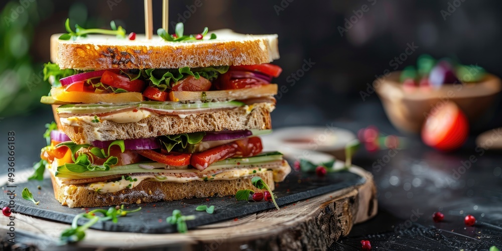 Club sandwich accompanied by a vegetable salad garnish. Club sandwich accompanied by a vegetable salad garnish.