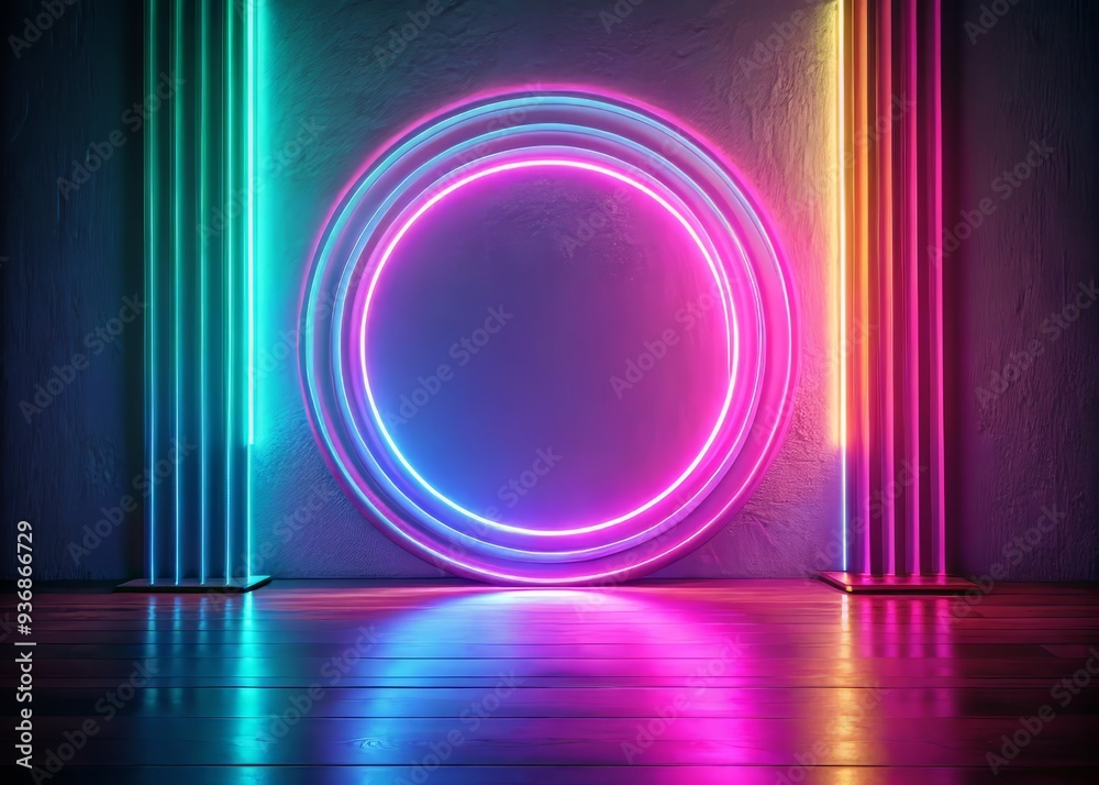 Vibrant pastel neon lights dance across the darkened room, casting an ethereal glow that pulses with an otherworldly energy, hypnotic and mesmerizing.
