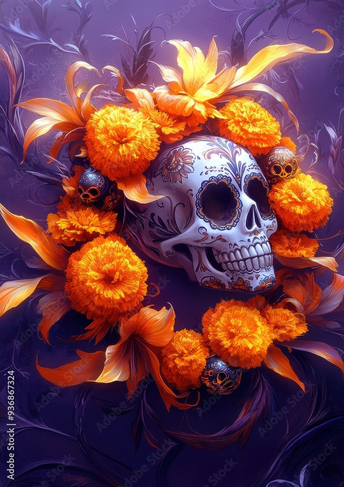 Vibrant Day of the Dead Skull Wreath with Orange Marigold Flowers on Artistic Purple Background Celebrating Dia de Los Muertos Vibrant Day of the Dead Skull Wreath with Orange Marigold Flowers on Artistic Purple Background Celebrating Dia de Los Muertos